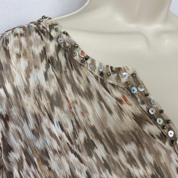 Chicos Tunic Top Size 3 Brown Orange Ikat Beaded Sequin Sheer Boho Artsy XL 1X - Picture 6 of 12